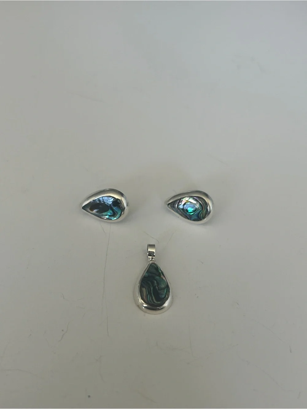 Taxco Mexigo 925 Sterling Silver Abalone Shell Teardrop Earrings & Pendant Set